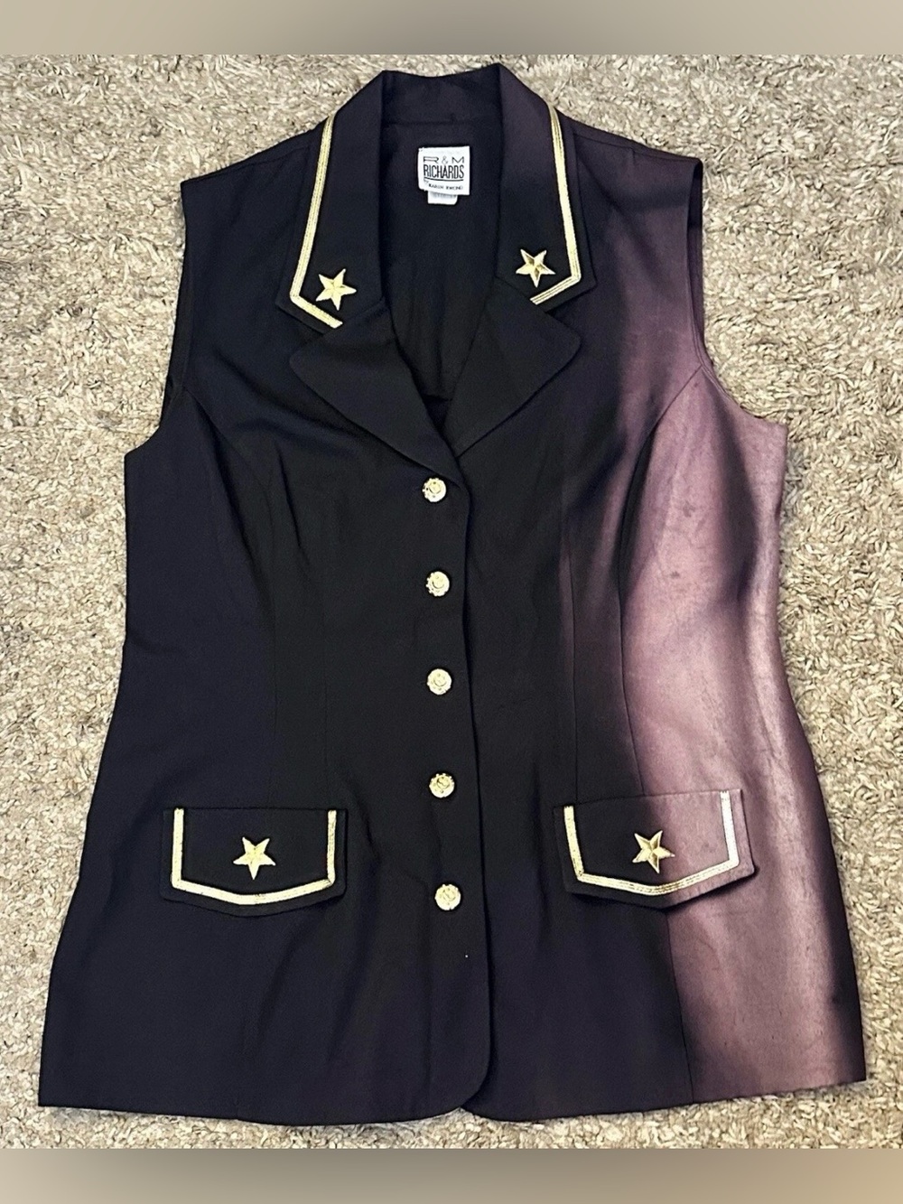 Vtg R&M Richard’s Women’s Size 14 Black/Gold w/ 4-Stars Collared Button-Up Vest